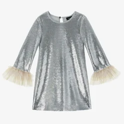 Girls Silver Sequin & Tulle Dress