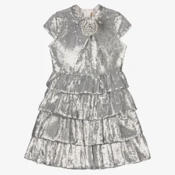 Girls Silver Tiered Sequinned Tulle Dress