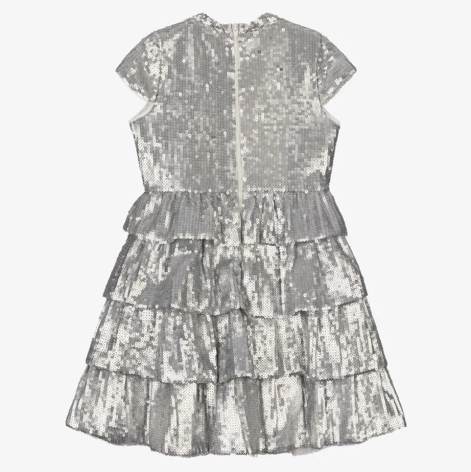 Girls Silver Tiered Sequinned Tulle Dress
