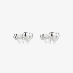 Girls Sterling Silver Diamond Heart Earrings