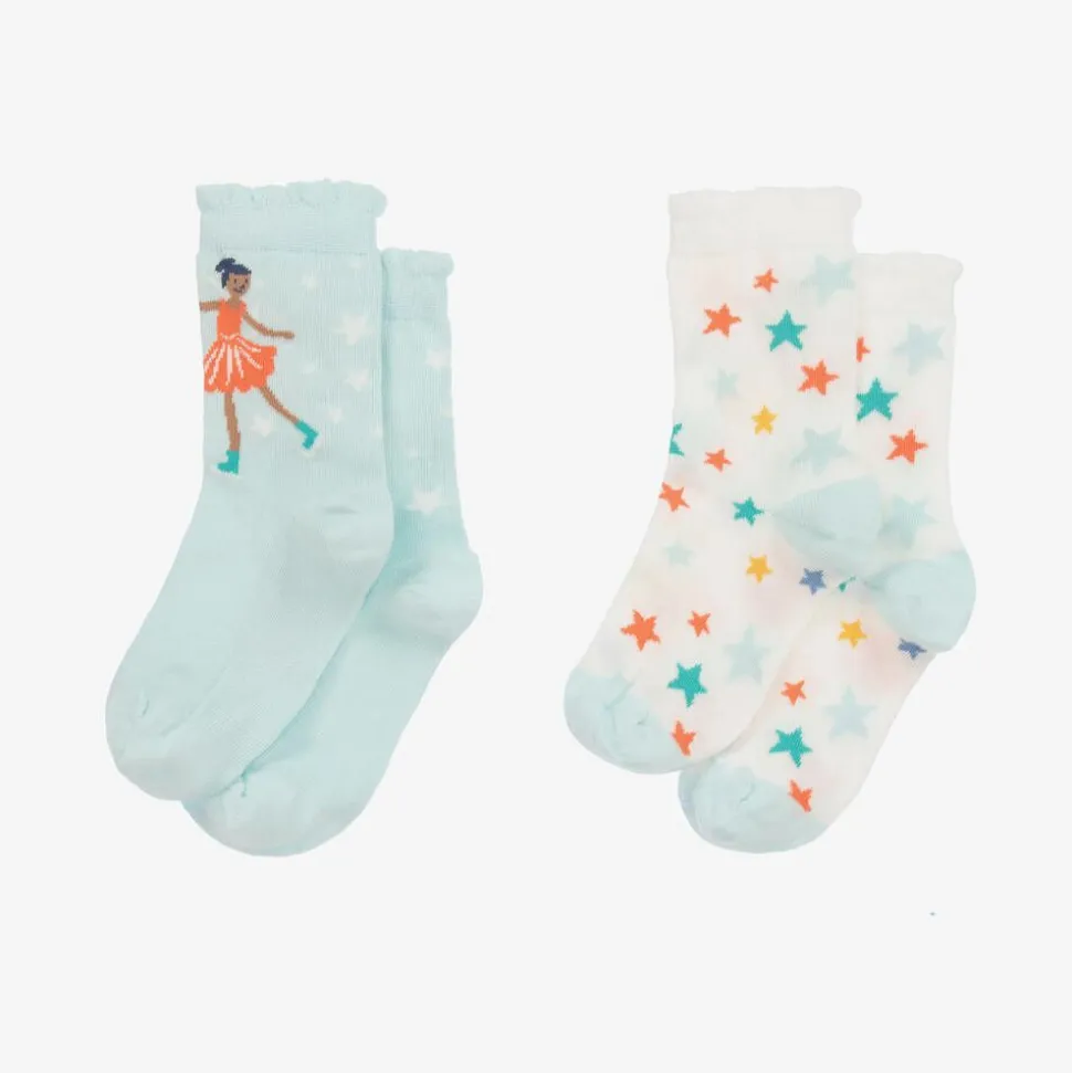 Girls White & Blue Cotton Socks (2 Pack)