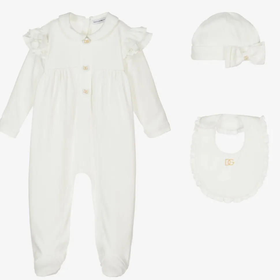 Girls White & Gold Cotton Babygrow Gift Set