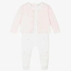 Girls White & Pink Cotton Babygrow Set