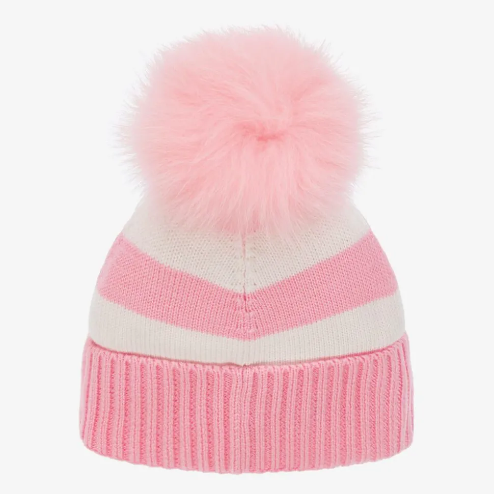 Girls White & Pink Knitted Beanie Hat