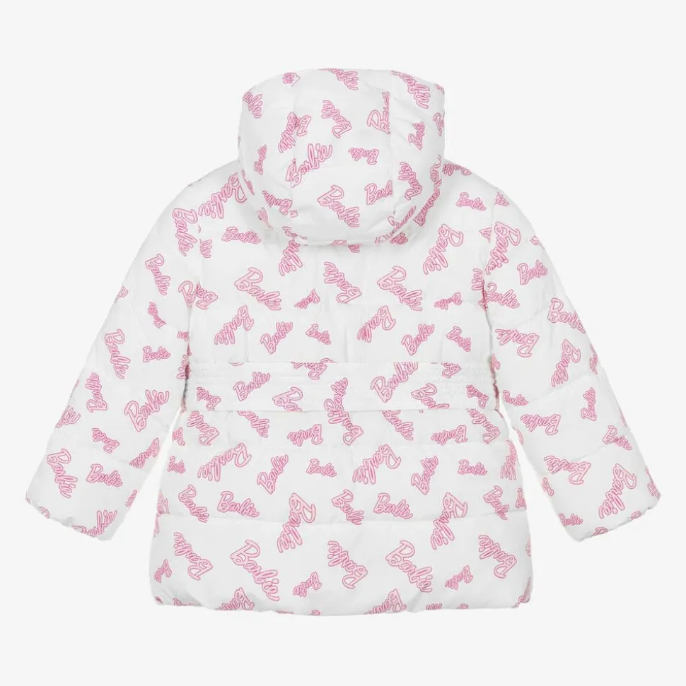Girls White & Pink Puffer Barbie Coat