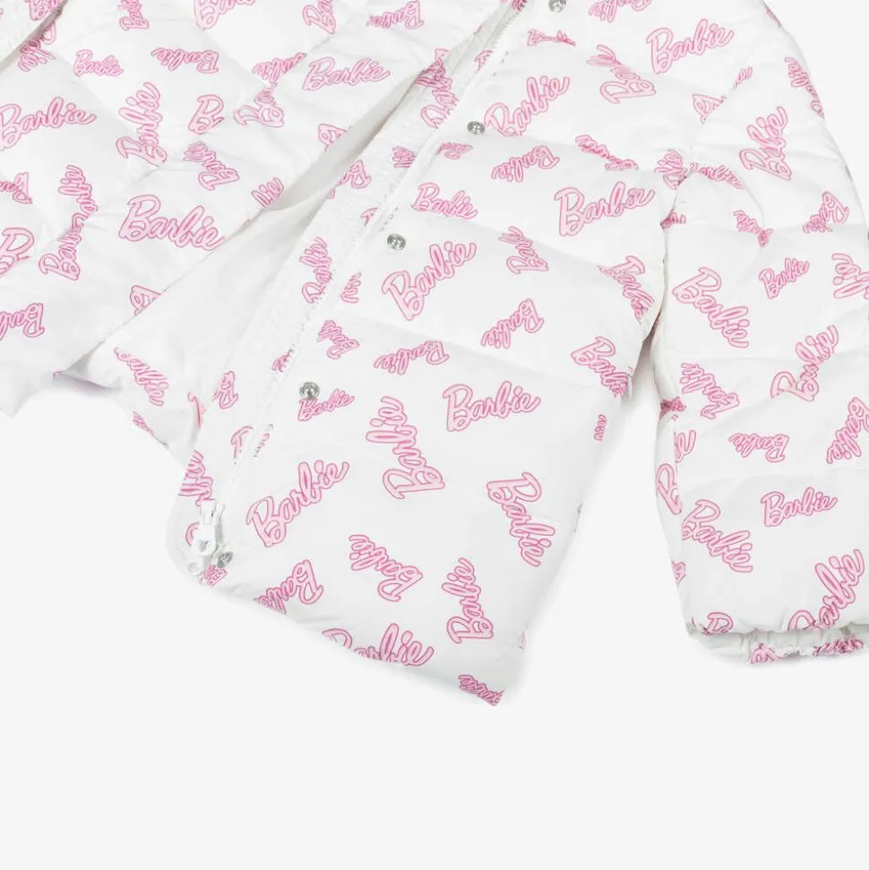 Girls White & Pink Puffer Barbie Coat