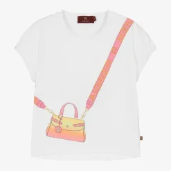 Girls White Cotton Bag Print T-Shirt