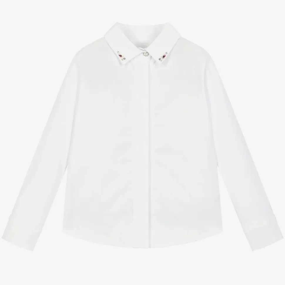 Girls White Cotton Beaded Collar Blouse