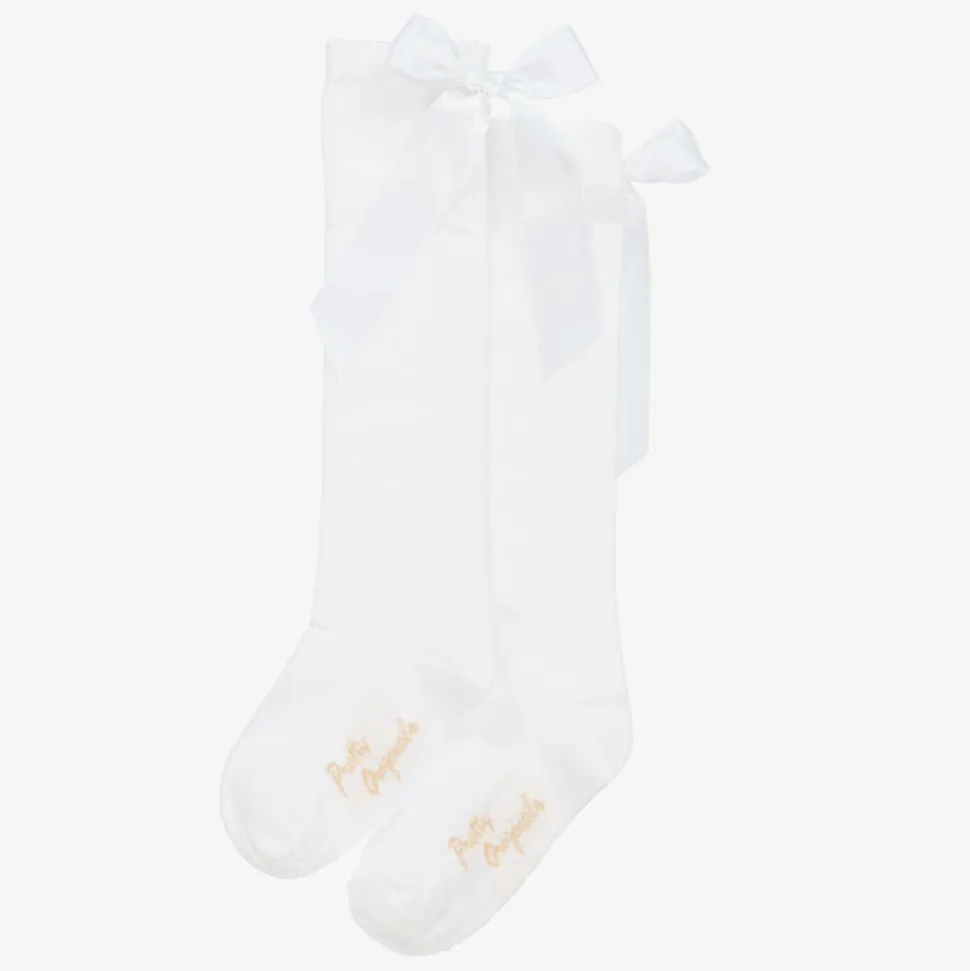 Girls White Cotton Bow Socks