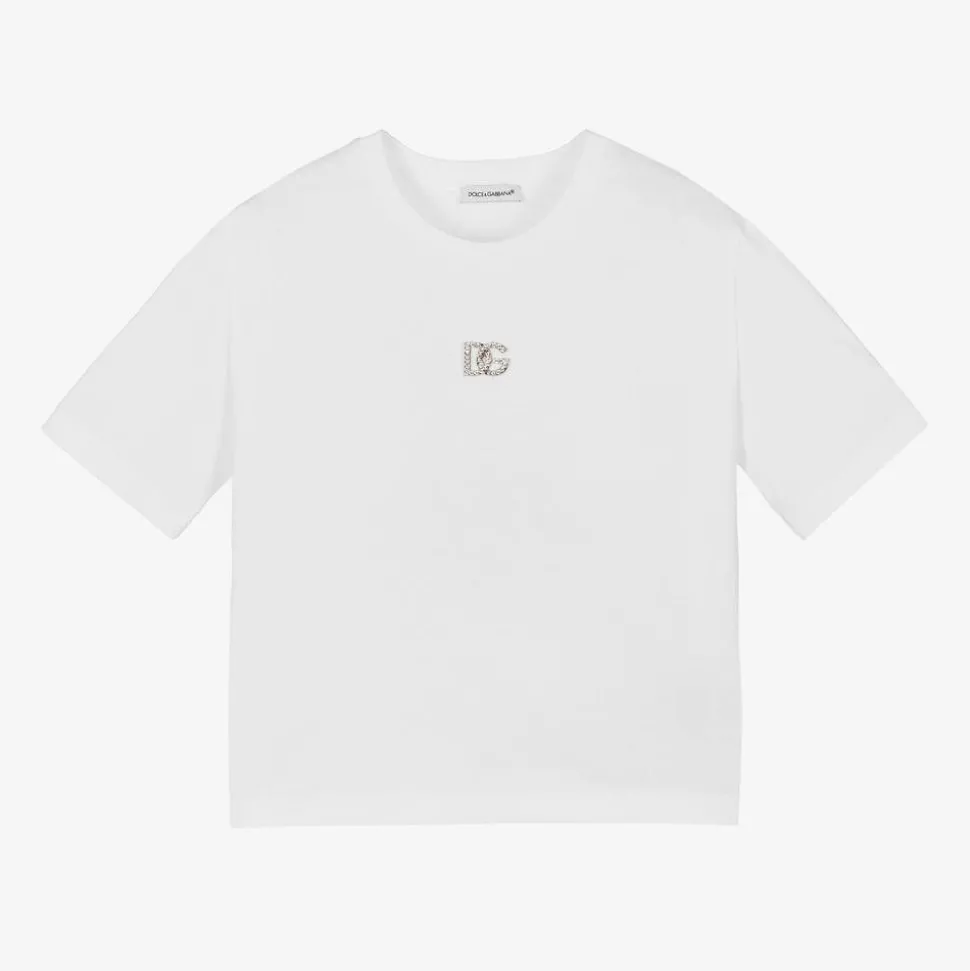 Girls White Cotton DG T-Shirt