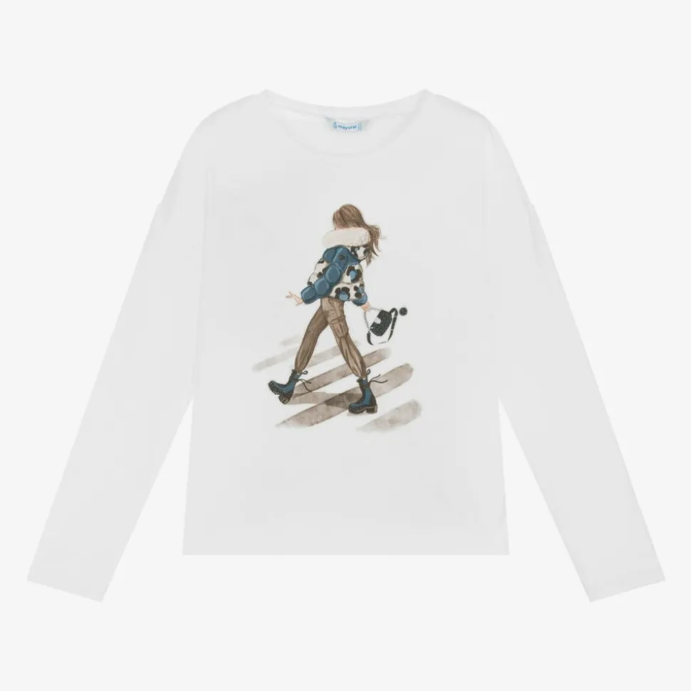 Girls White Cotton Girl Graphic Top