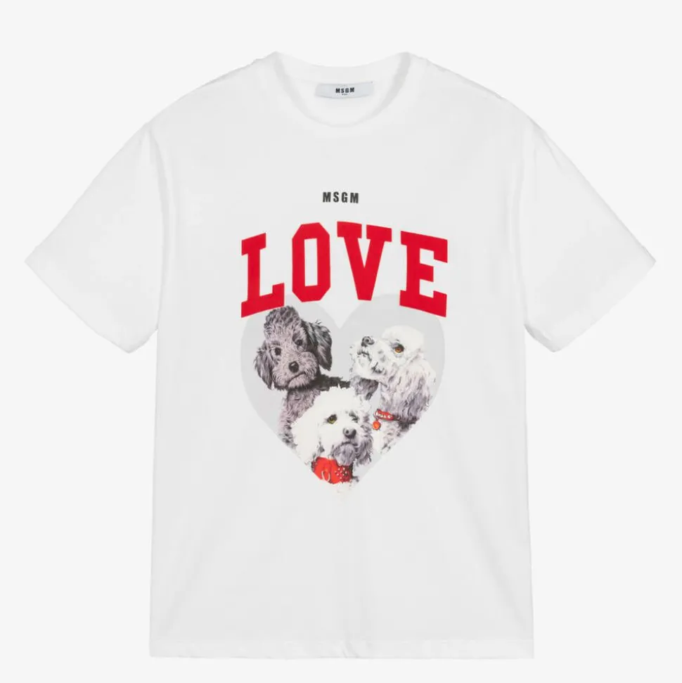 Girls White Cotton Puppy T-Shirt