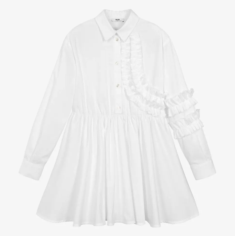 Girls White Cotton Ruffle Shirt Dress