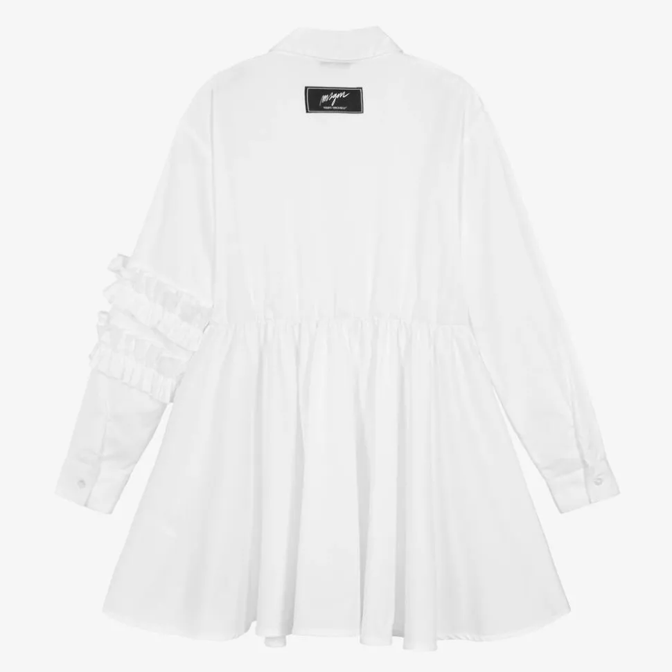 Girls White Cotton Ruffle Shirt Dress