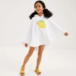 Girls White Cotton Towelling Lemon Poncho