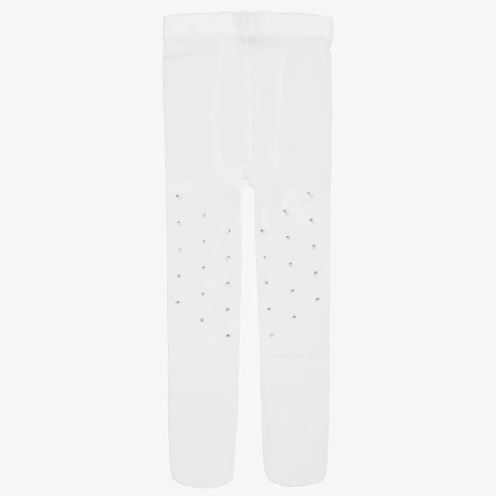 Girls White Diamanté Tights