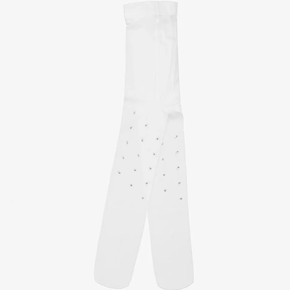 Girls White Diamanté Tights