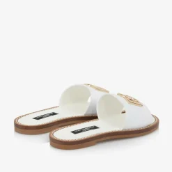 Girls White Leather DG Sliders