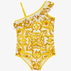 Girls Yellow Majolica Print Swimsuit
