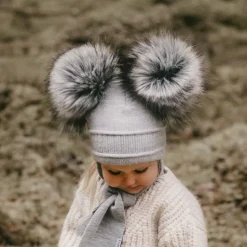 Grey Tindra Double Pom-Pom Hat