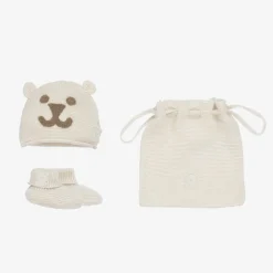 Ivory Cotton Knit Baby Hat & Booties Set