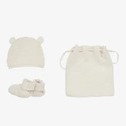 Ivory Cotton Knit Baby Hat & Booties Set