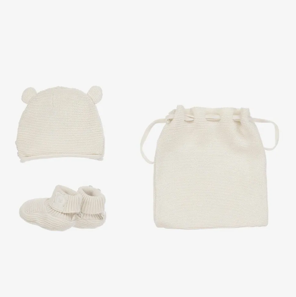 Ivory Cotton Knit Baby Hat & Booties Set