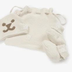 Ivory Cotton Knit Baby Hat & Booties Set
