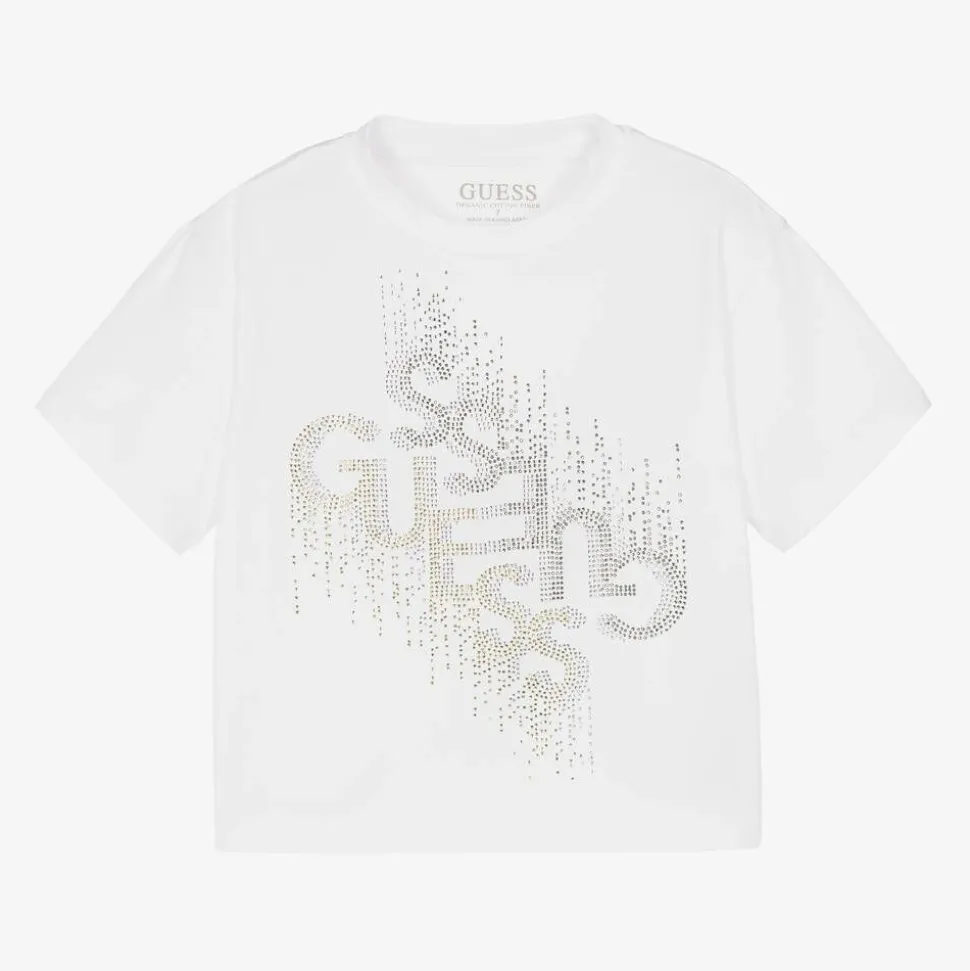 Junior Girls White Cotton Diamanté T-Shirt