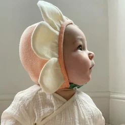 Pink & Ivory Knitted Flower Bonnet