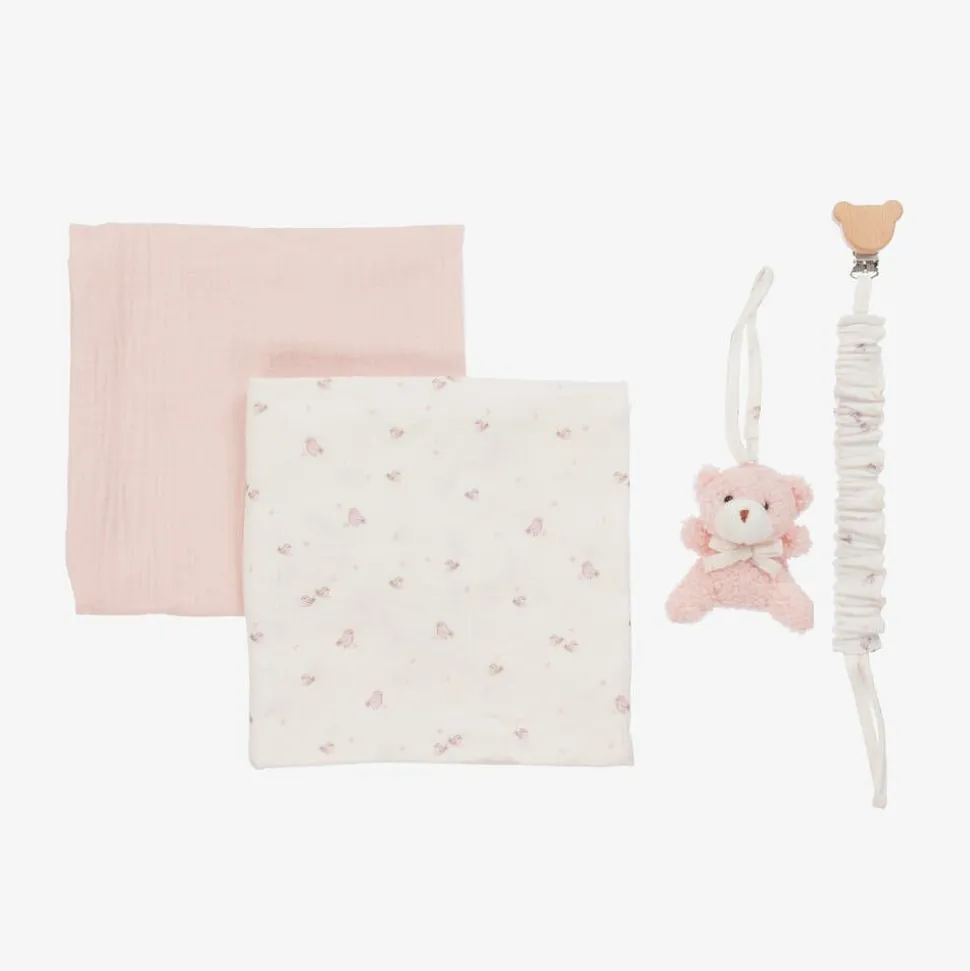 Pink Organic Cotton Muslin Cloth & Dummy Clip Set