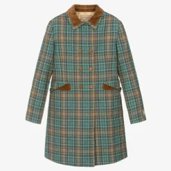 Teen Girls Blue & Brown Wool Check Coat