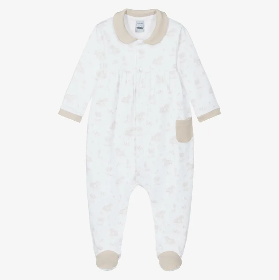 White & Beige Cotton Babygrow