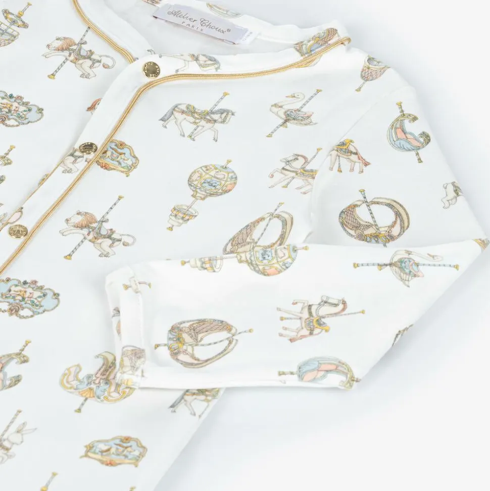 White Carousel Print Cotton Babygrow