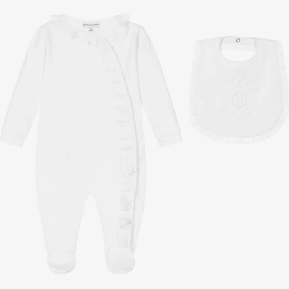 White Cotton Babygrow & Embroidered Bib Set