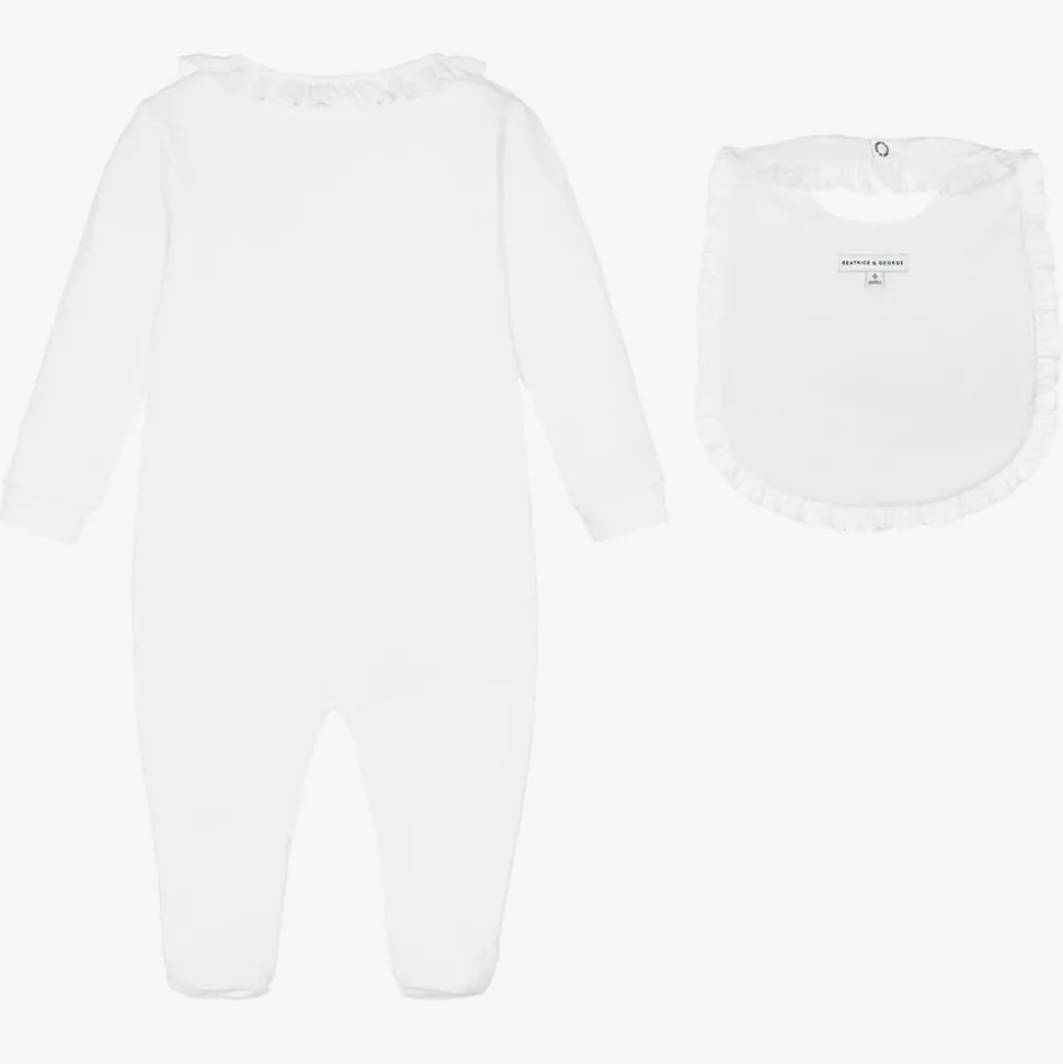 White Cotton Babygrow & Embroidered Bib Set