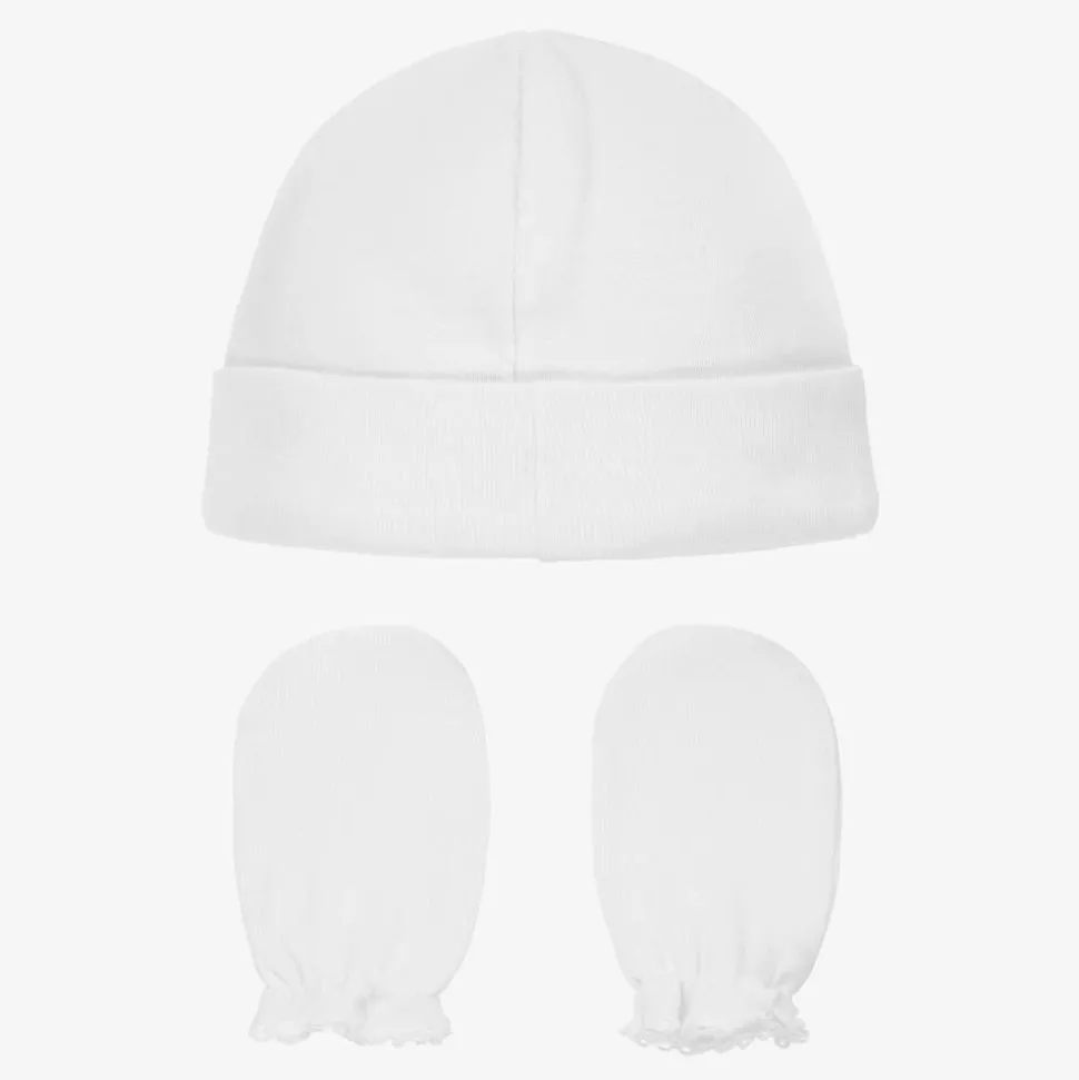 White Cotton Hat & Mittens Set