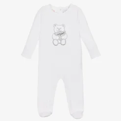 White Embroidered Cotton Bear Babygrow